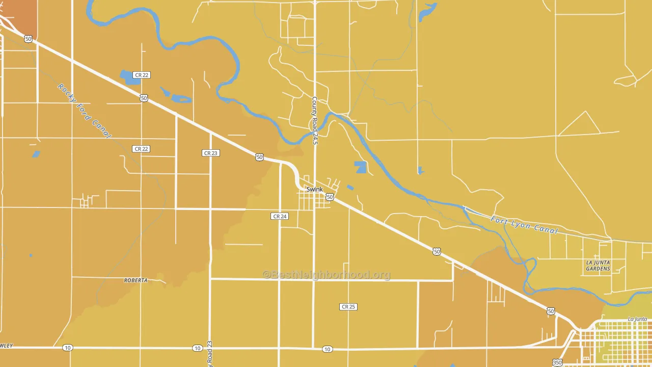 Map of the best neighborhoods in the Swink area, with better matches in green and worse matches in red