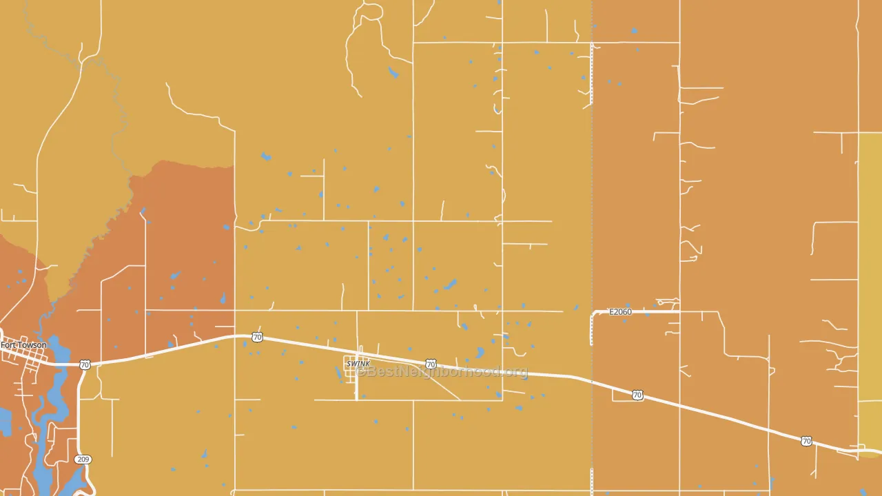 Map of the best neighborhoods in the Swink area, with better matches in green and worse matches in red