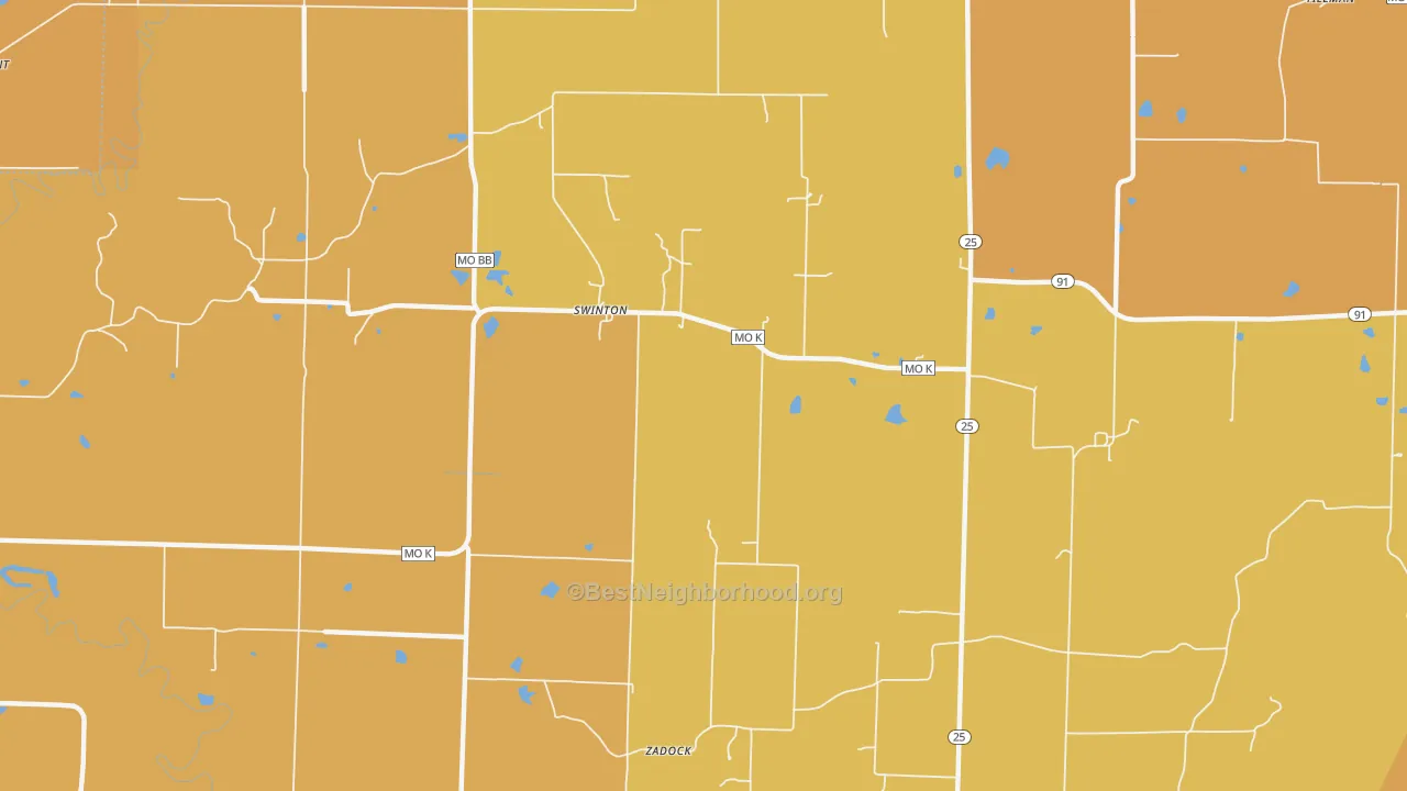 Map of the best neighborhoods in the Swinton area, with better matches in green and worse matches in red