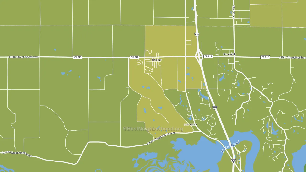 Map of the best neighborhoods in the Swisher area, with better matches in green and worse matches in red