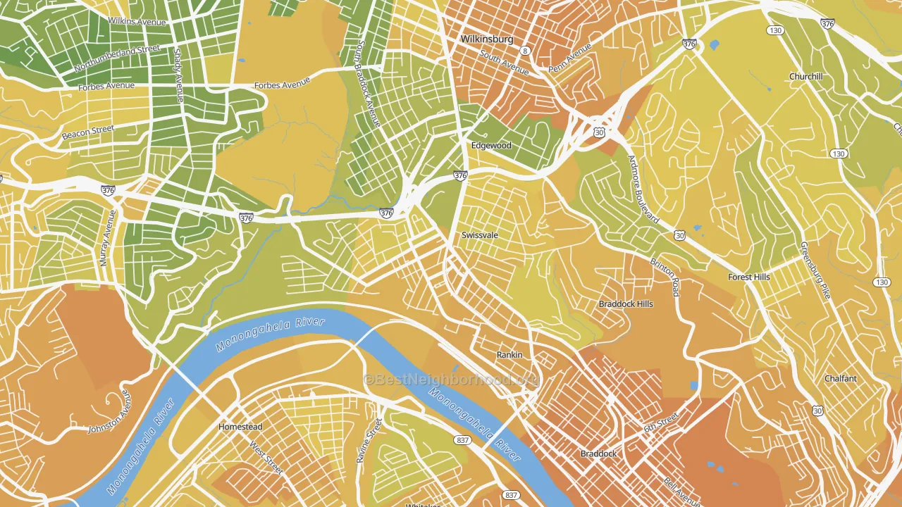 Map of the best neighborhoods in the Swissvale area, with better matches in green and worse matches in red