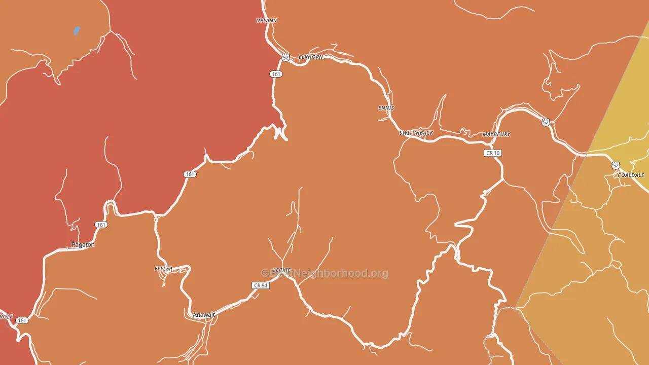 Map of the best neighborhoods in the Switchback area, with better matches in green and worse matches in red