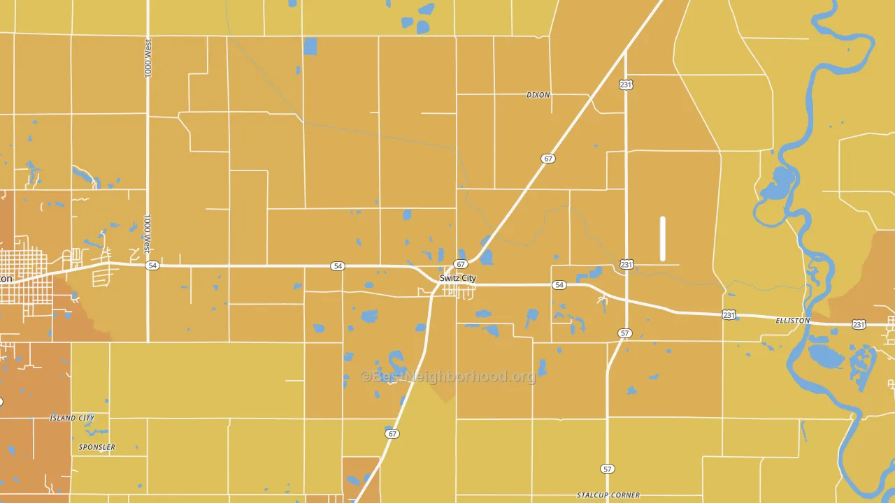 Map of the best neighborhoods in the Switz City area, with better matches in green and worse matches in red