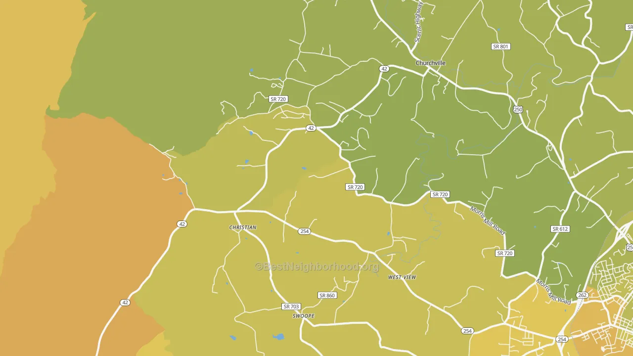 Map of the best neighborhoods in the Swoope area, with better matches in green and worse matches in red