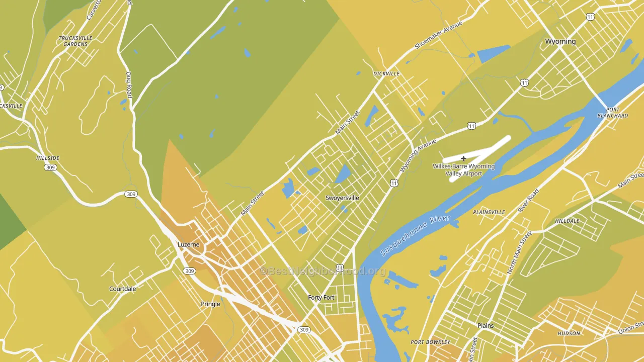 Map of the best neighborhoods in the Swoyersville area, with better matches in green and worse matches in red