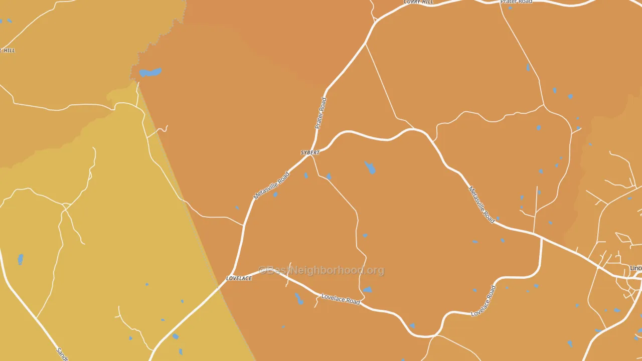 Map of the best neighborhoods in the Sybert area, with better matches in green and worse matches in red
