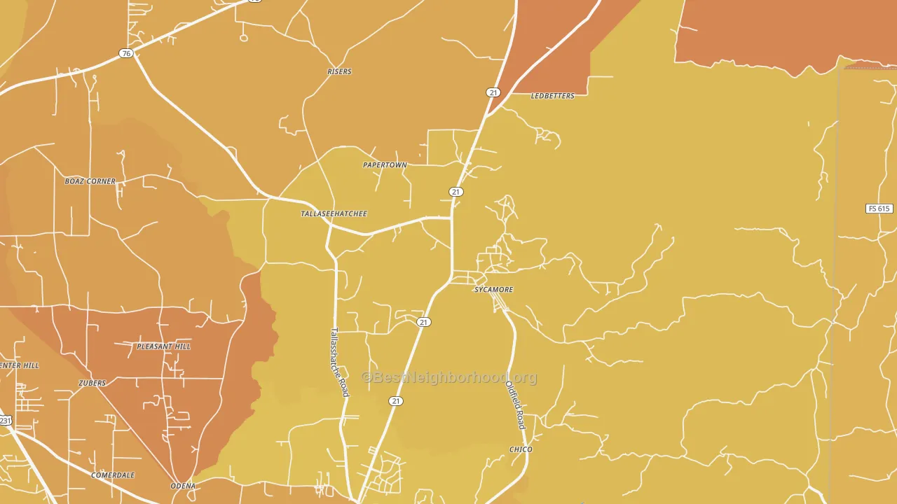 Map of the best neighborhoods in the Sycamore area, with better matches in green and worse matches in red