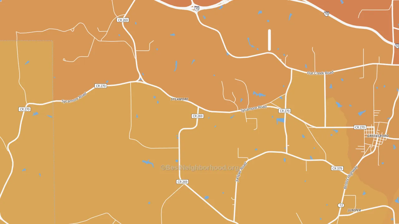 Map of the best neighborhoods in the Sycamore area, with better matches in green and worse matches in red