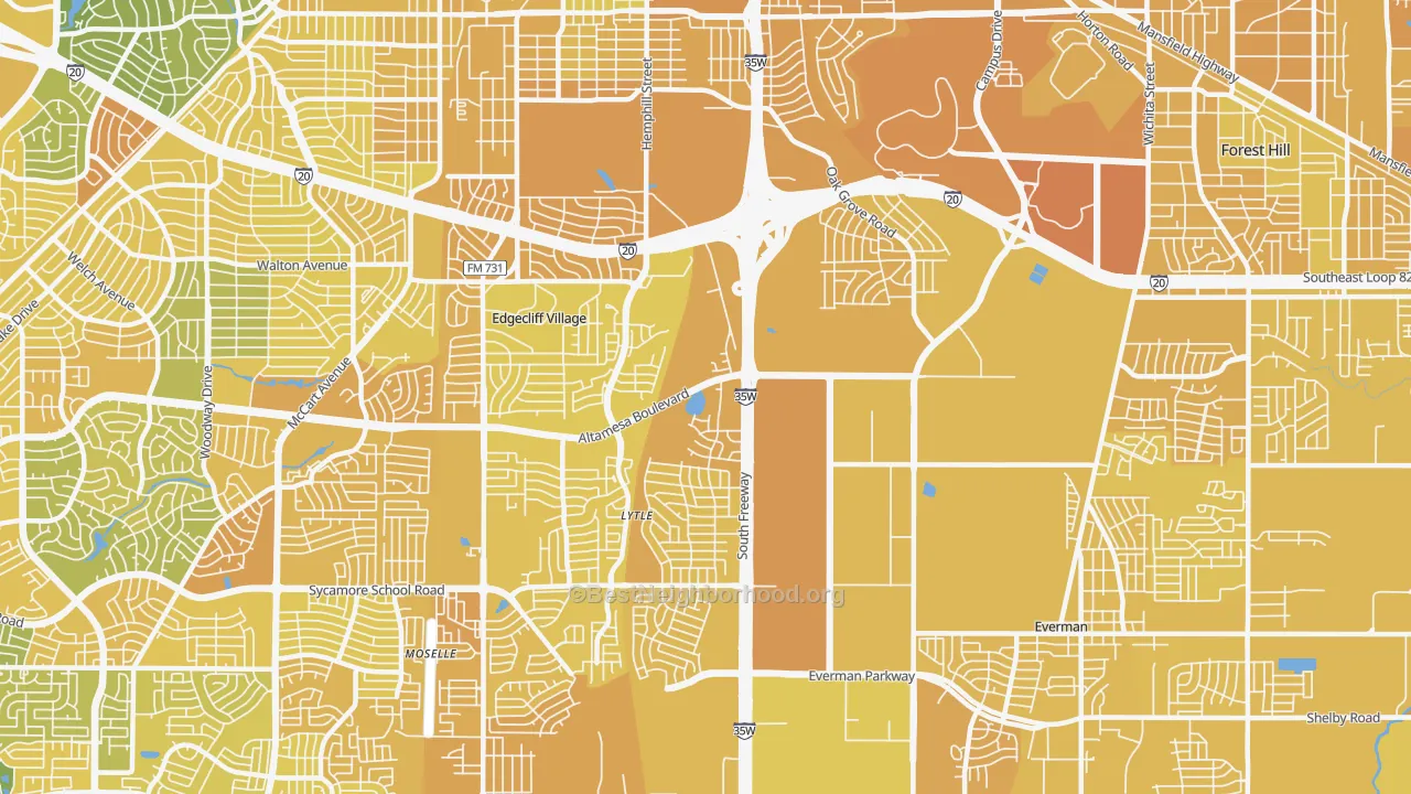 Map of the best neighborhoods in the Sycamore, Fort Worth area, with better matches in green and worse matches in red