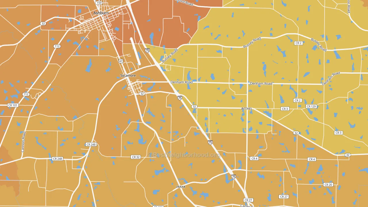 Map of the best neighborhoods in the Sycamore area, with better matches in green and worse matches in red