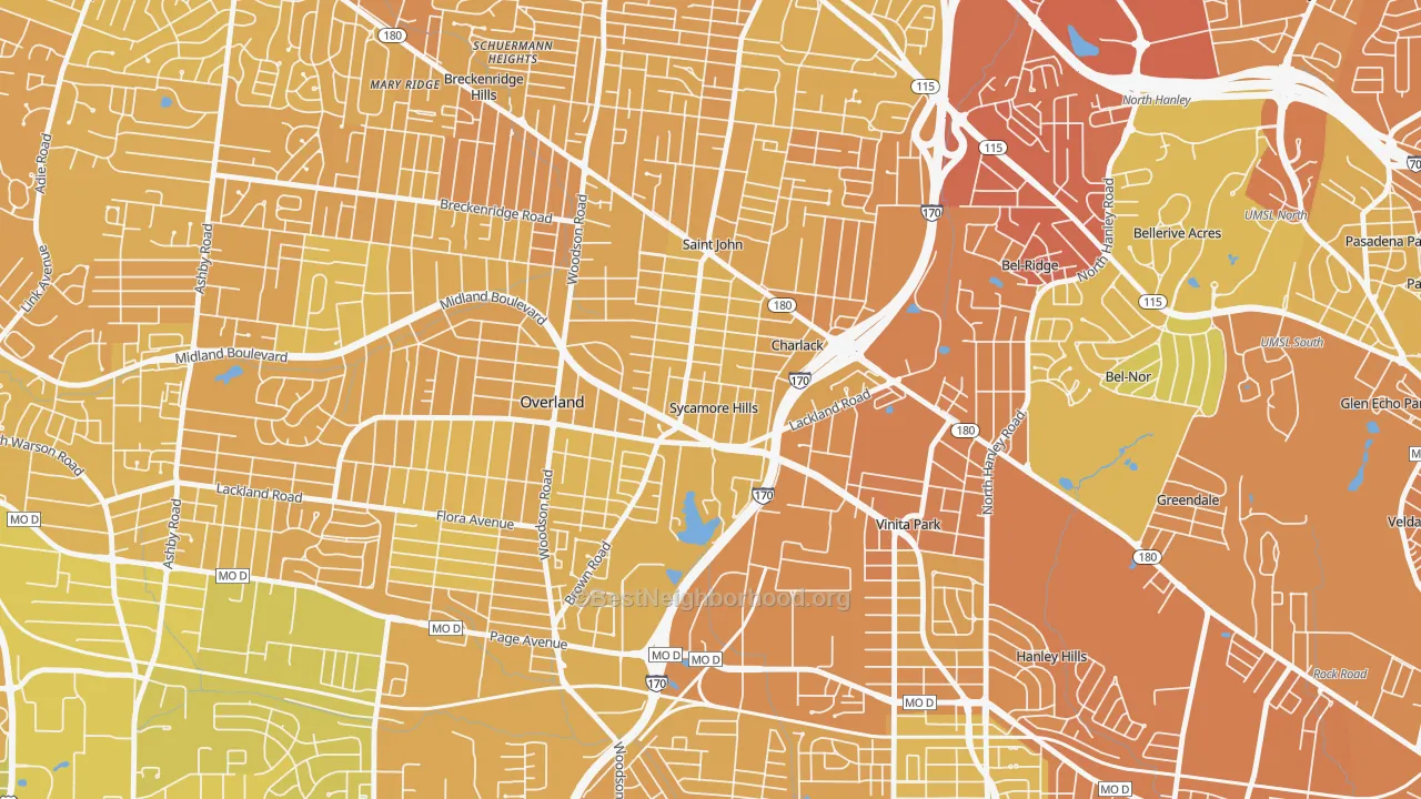 Map of the best neighborhoods in the Sycamore Hills area, with better matches in green and worse matches in red