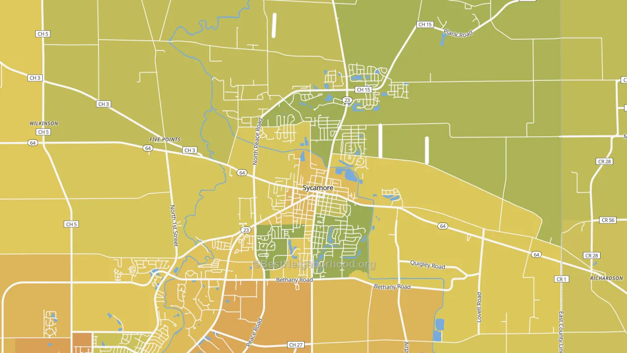 Map of the best neighborhoods in the Sycamore area, with better matches in green and worse matches in red