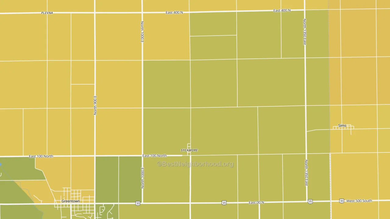 Map of the best neighborhoods in the Sycamore area, with better matches in green and worse matches in red