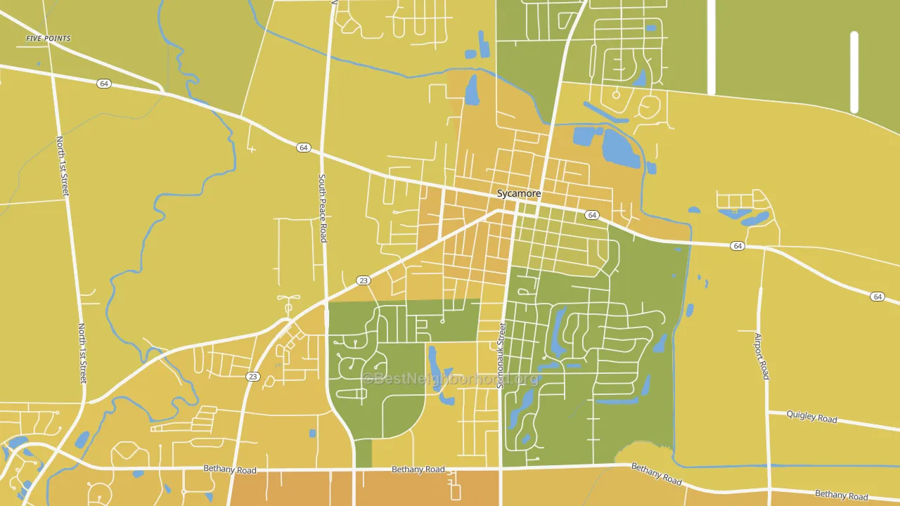 Map of the best neighborhoods in the Sycamore Manor, Sycamore area, with better matches in green and worse matches in red