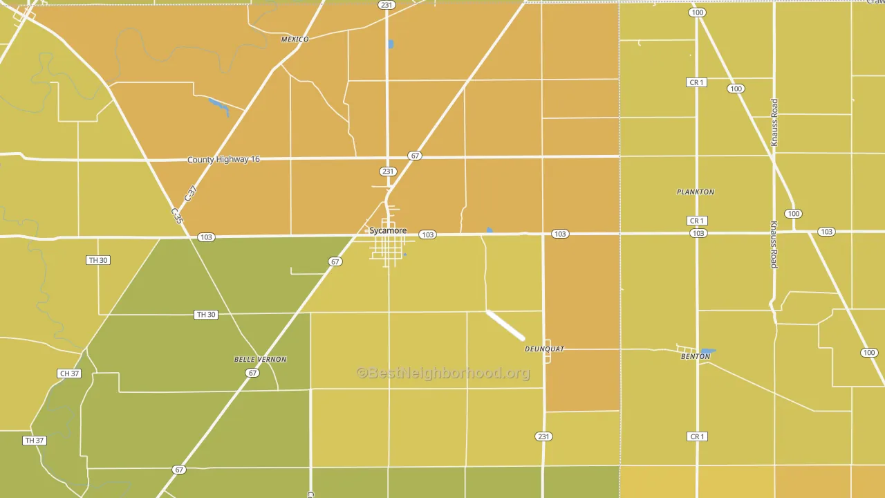 Map of the best neighborhoods in the Sycamore area, with better matches in green and worse matches in red