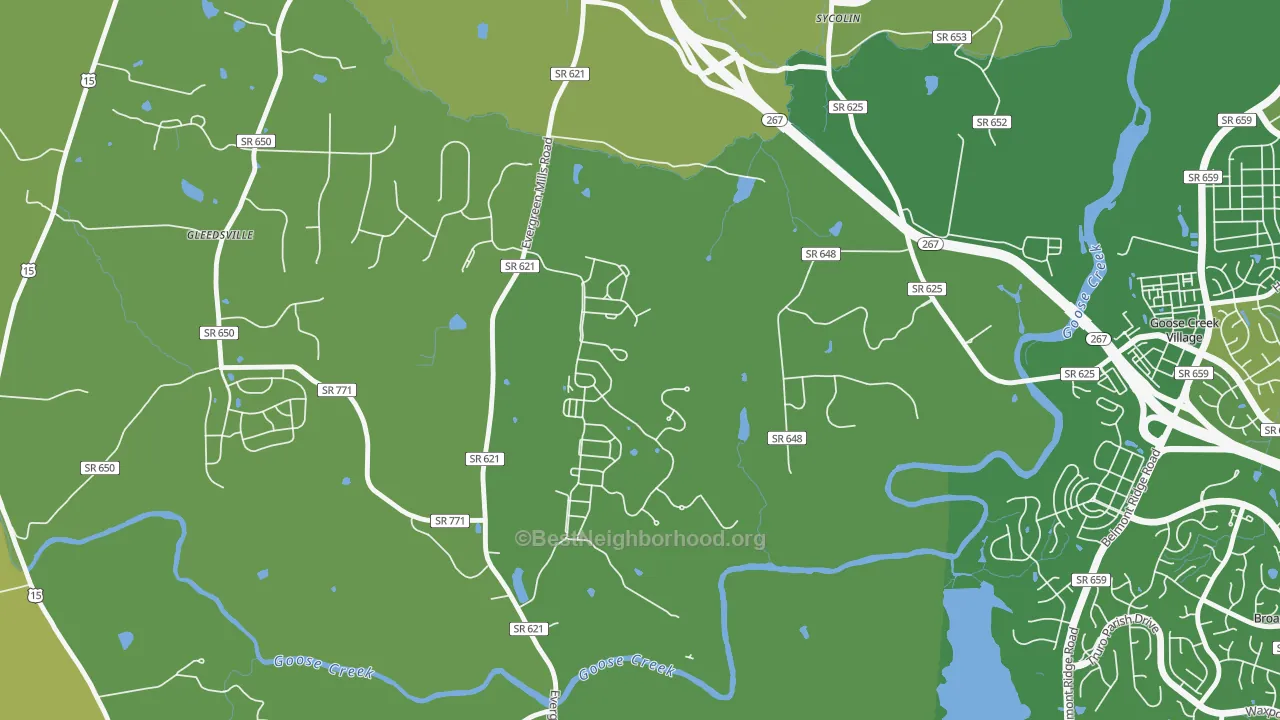 Map of the best neighborhoods in the Sycolin area, with better matches in green and worse matches in red
