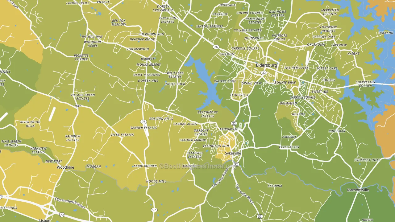Map of the best neighborhoods in the Sykesville area, with better matches in green and worse matches in red