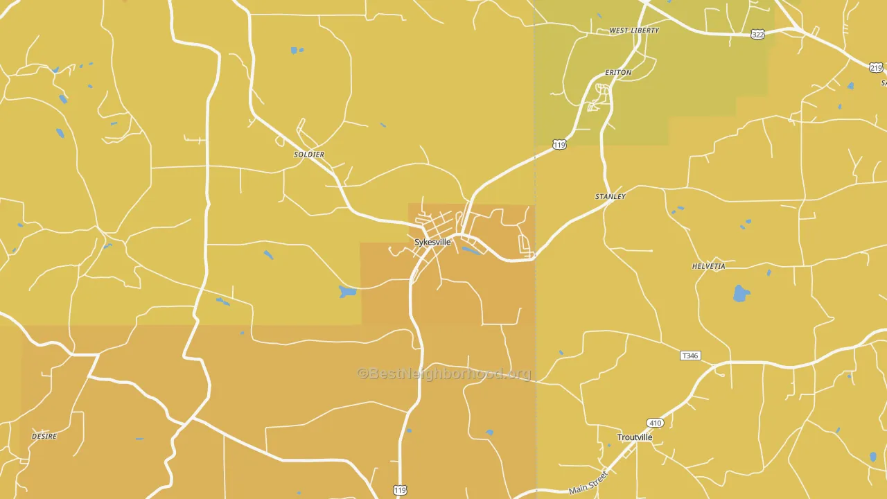 Map of the best neighborhoods in the Sykesville area, with better matches in green and worse matches in red