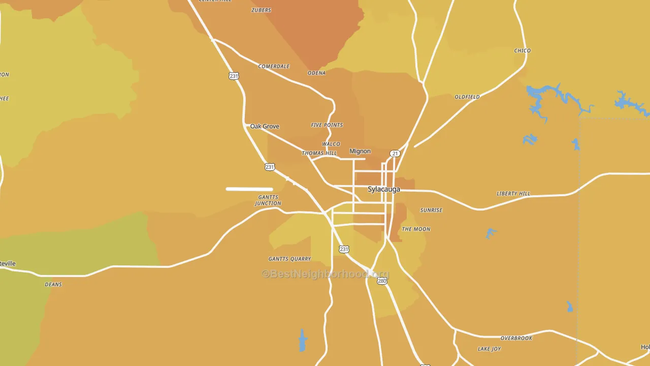 Map of the best neighborhoods in the Sylacauga area, with better matches in green and worse matches in red