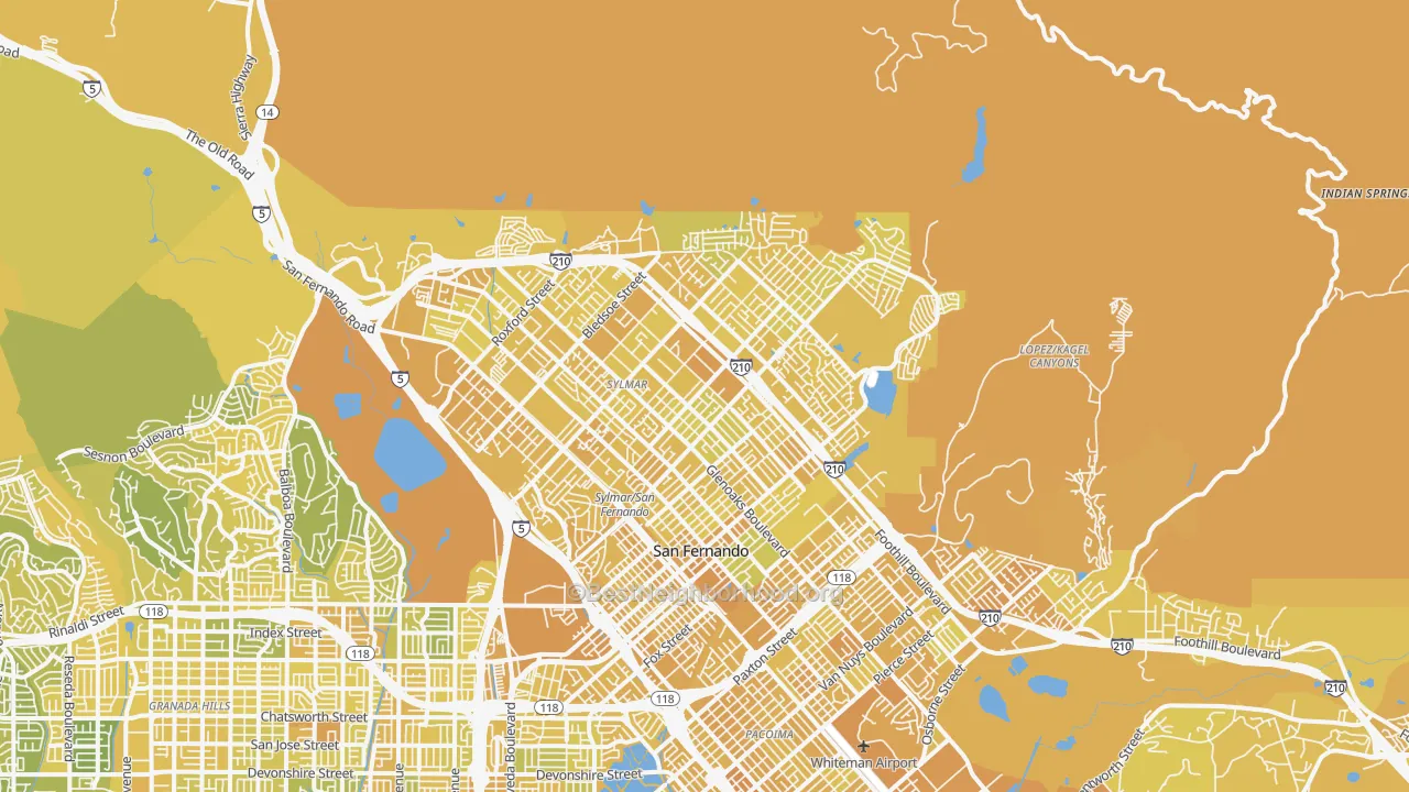 Map of the best neighborhoods in the Sylmar area, with better matches in green and worse matches in red