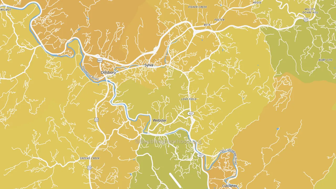 Map of the best neighborhoods in the Sylva area, with better matches in green and worse matches in red