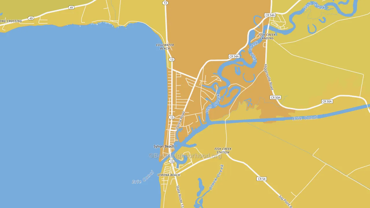 Map of the best neighborhoods in the Sylvan Beach area, with better matches in green and worse matches in red
