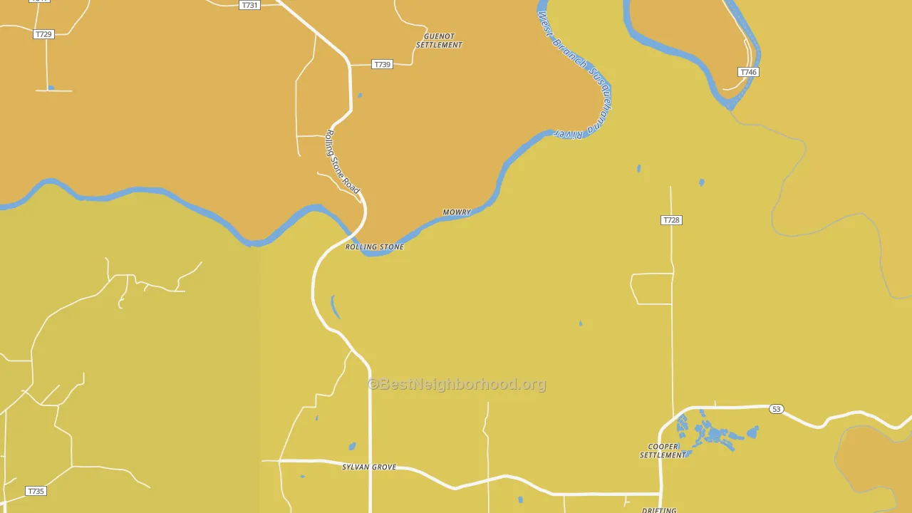 Map of the best neighborhoods in the Sylvan Grove area, with better matches in green and worse matches in red