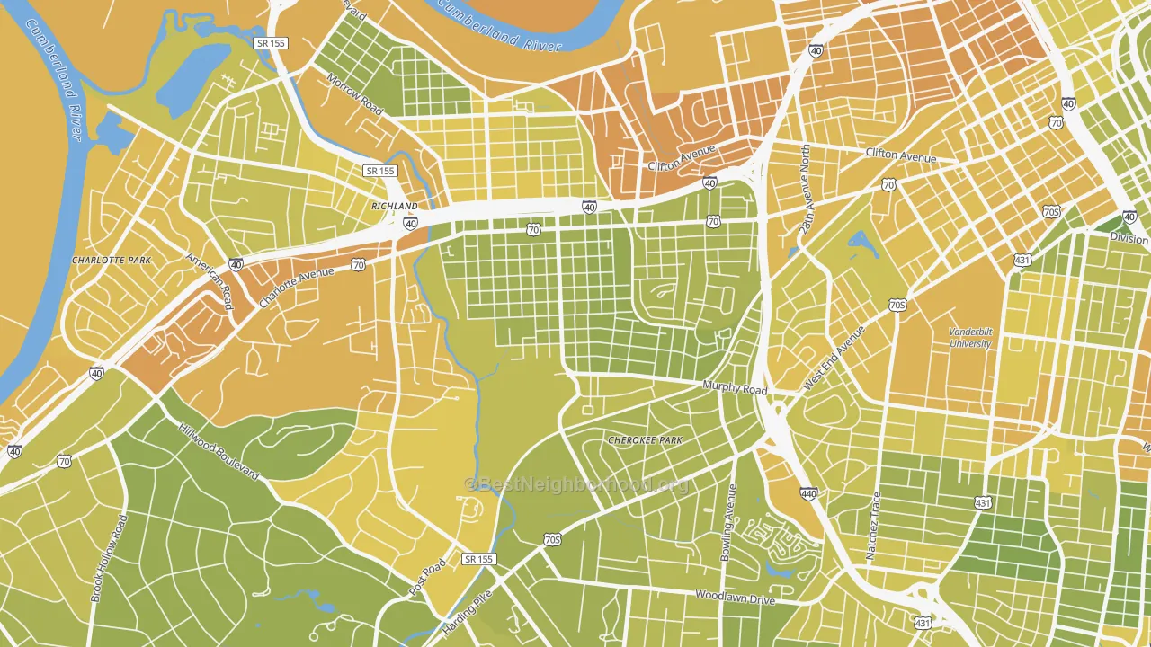 Map of the best neighborhoods in the Sylvan Park, Nashville area, with better matches in green and worse matches in red