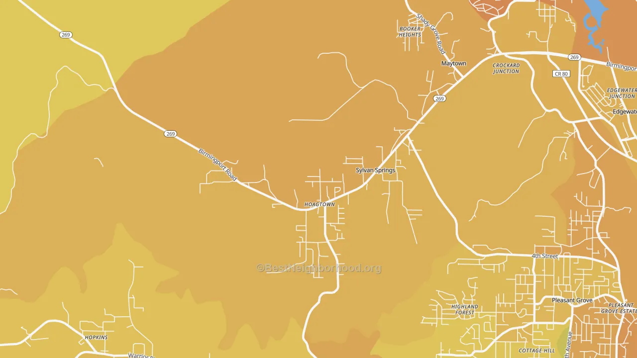 Map of the best neighborhoods in the Sylvan Springs area, with better matches in green and worse matches in red