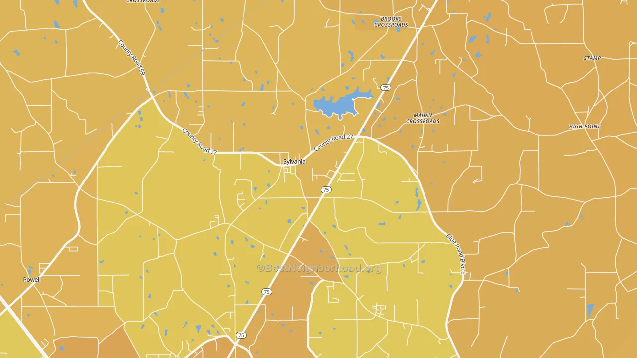 Map of the best neighborhoods in the Sylvania area, with better matches in green and worse matches in red