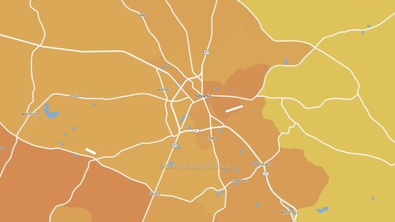 Map of the best neighborhoods in the Sylvania area, with better matches in green and worse matches in red