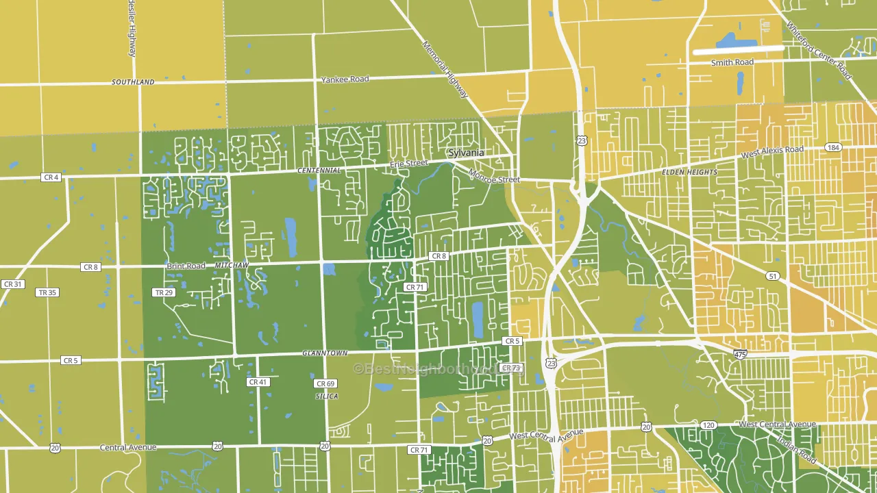 Map of the best neighborhoods in the Sylvania area, with better matches in green and worse matches in red
