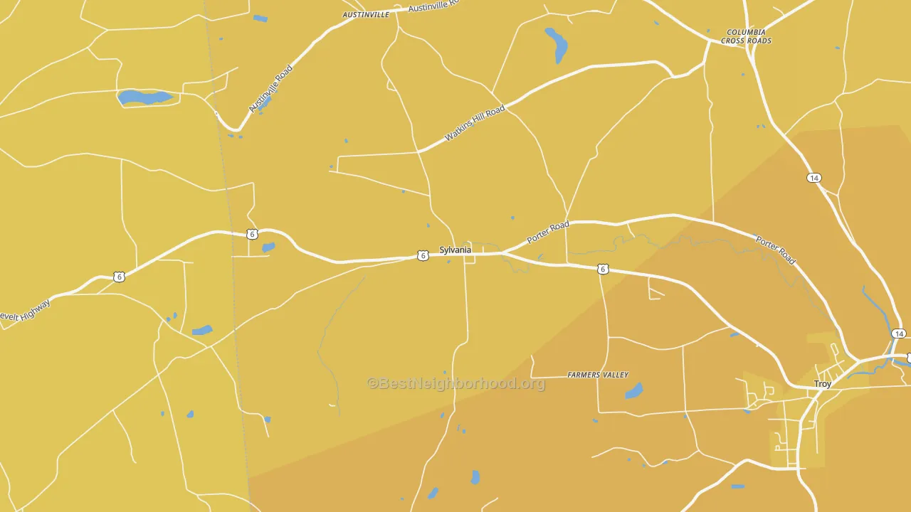 Map of the best neighborhoods in the Sylvania area, with better matches in green and worse matches in red