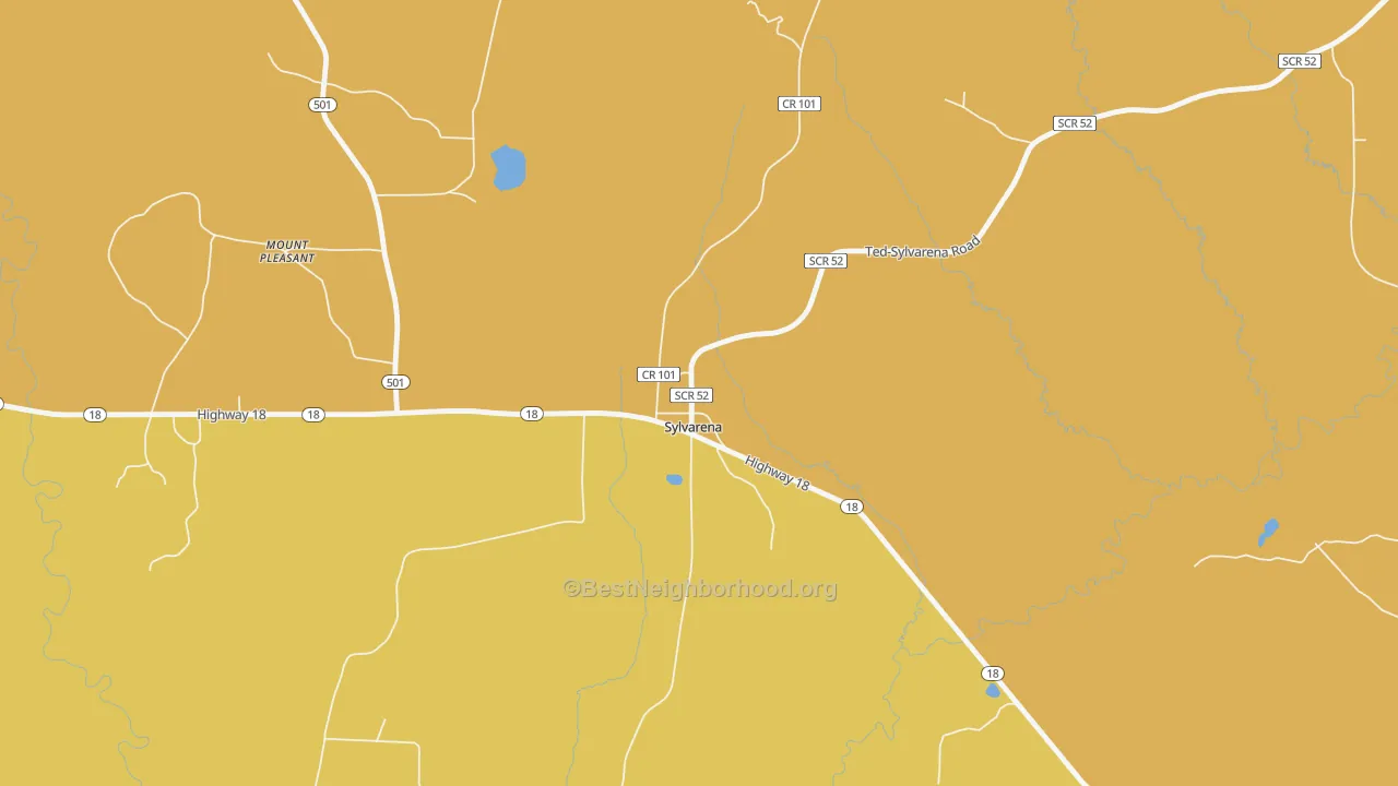 Map of the best neighborhoods in the Sylvarena area, with better matches in green and worse matches in red