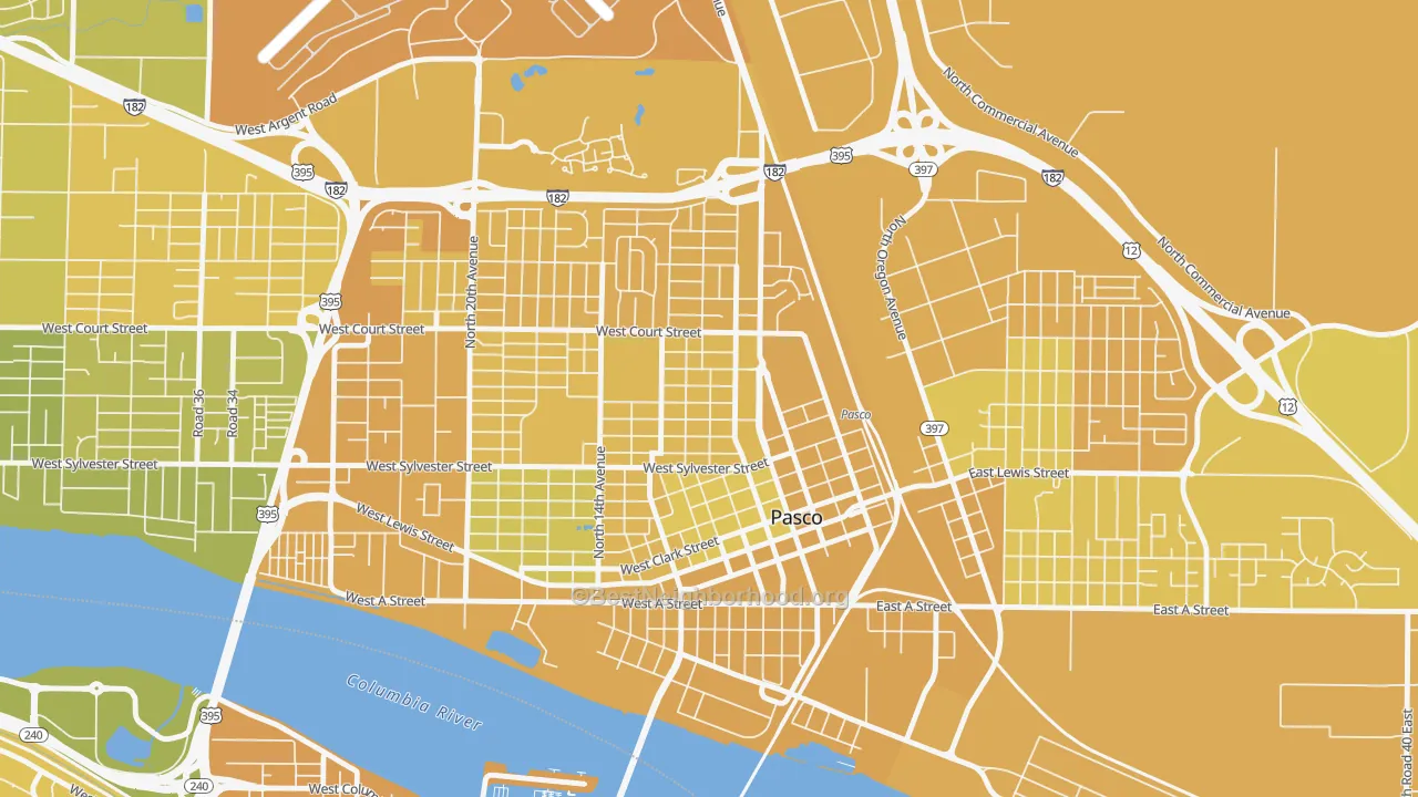 Map of the best neighborhoods in the Sylvester Park, Pasco area, with better matches in green and worse matches in red