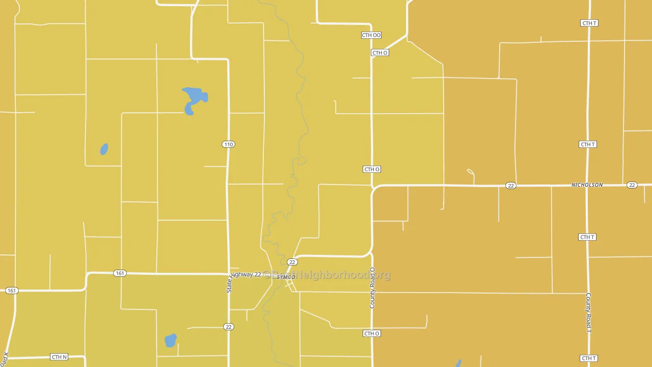 Map of the best neighborhoods in the Symco area, with better matches in green and worse matches in red