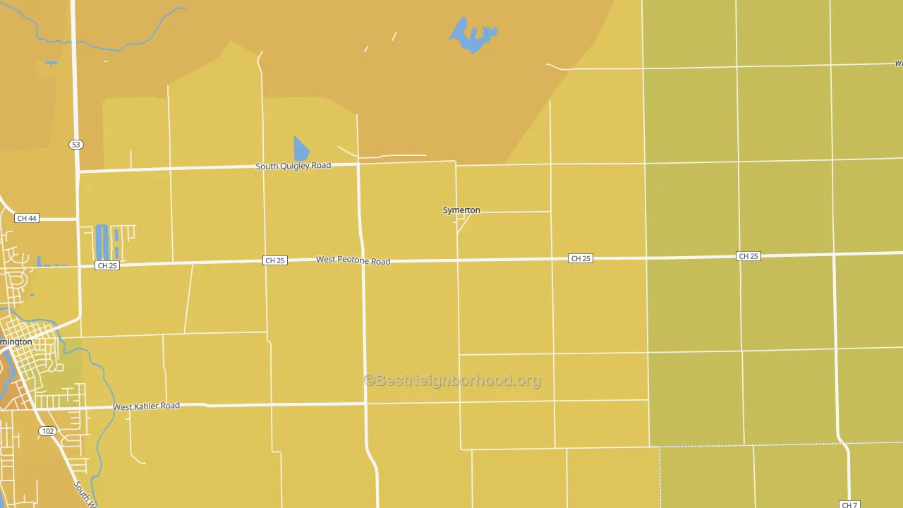 Map of the best neighborhoods in the Symerton area, with better matches in green and worse matches in red