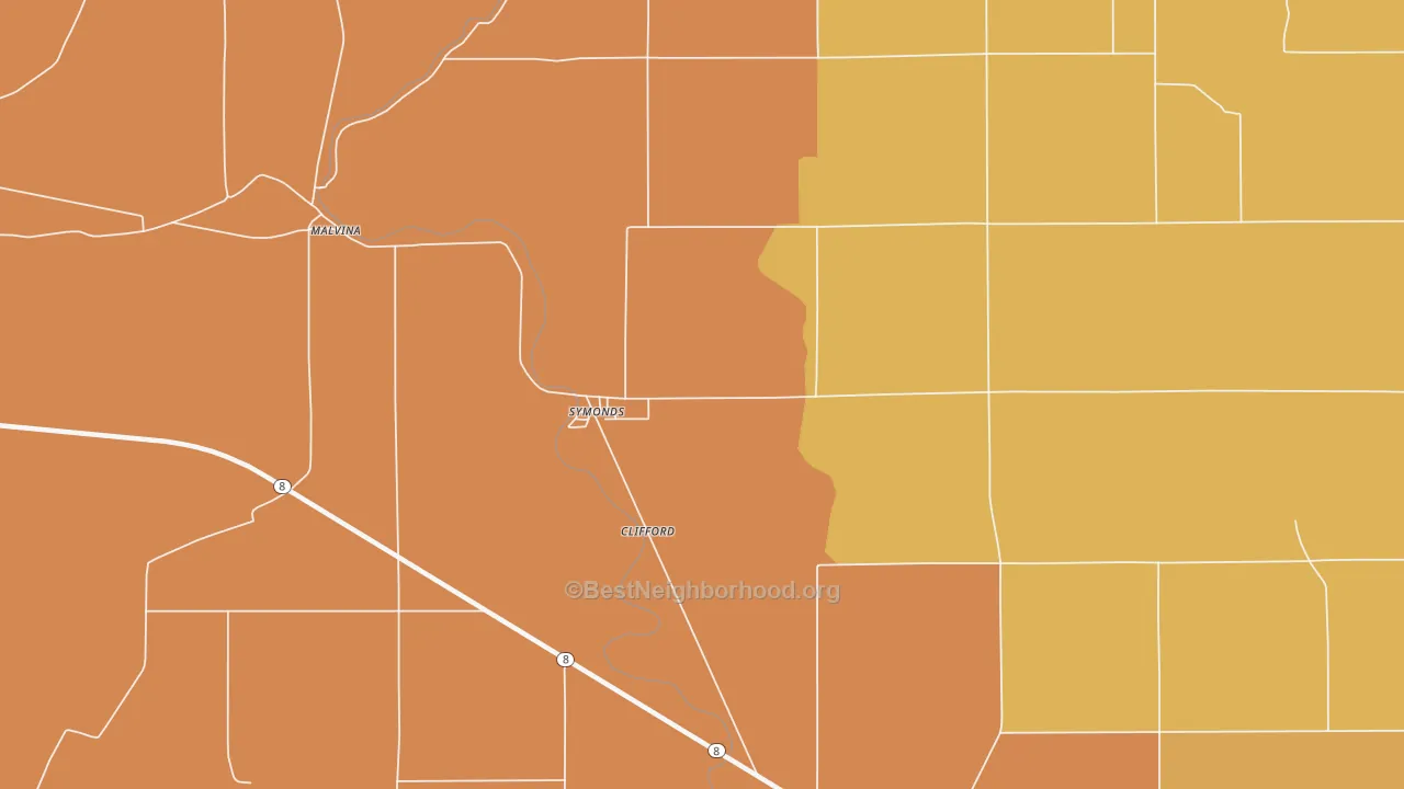 Map of the best neighborhoods in the Symonds area, with better matches in green and worse matches in red