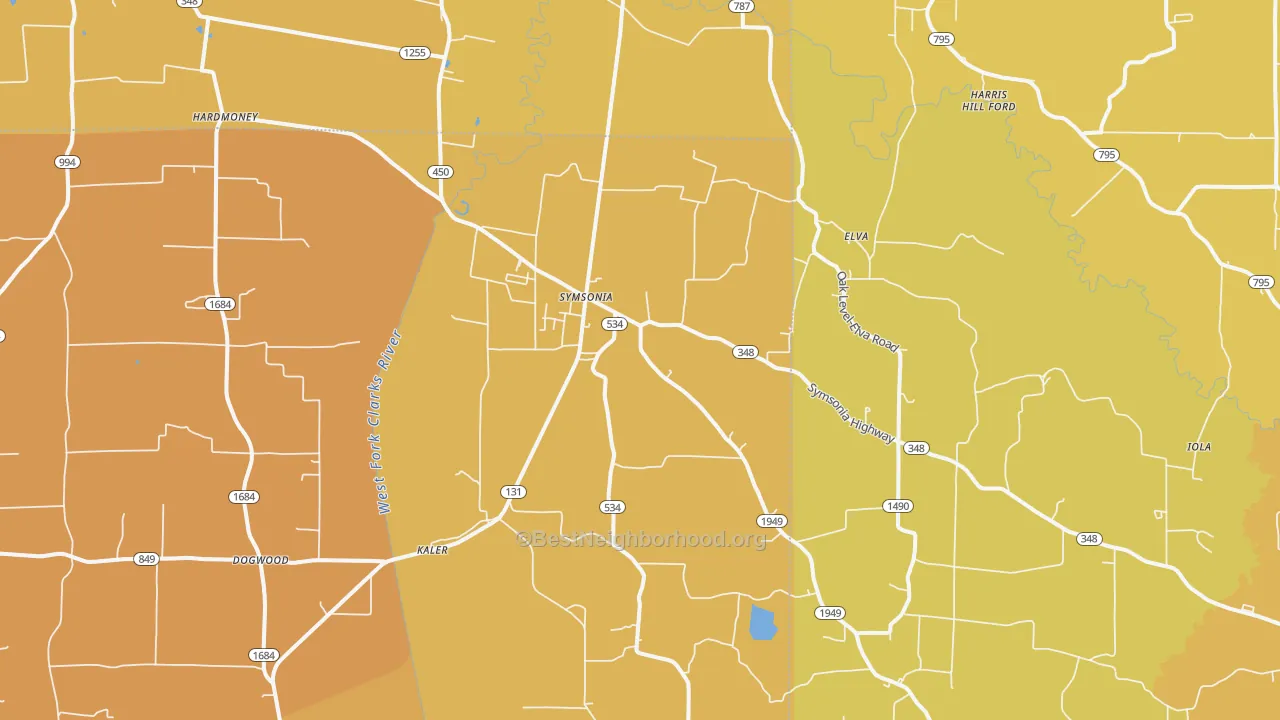 Map of the best neighborhoods in the Symsonia area, with better matches in green and worse matches in red