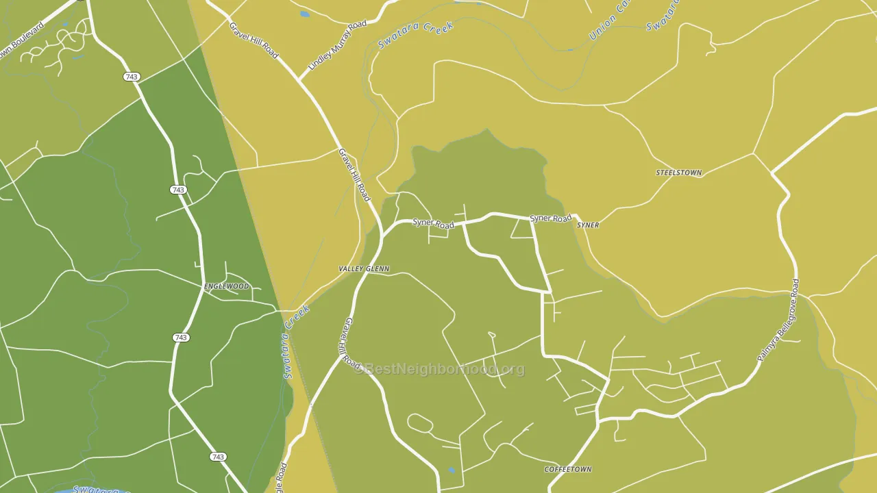 Map of the best neighborhoods in the Syner area, with better matches in green and worse matches in red