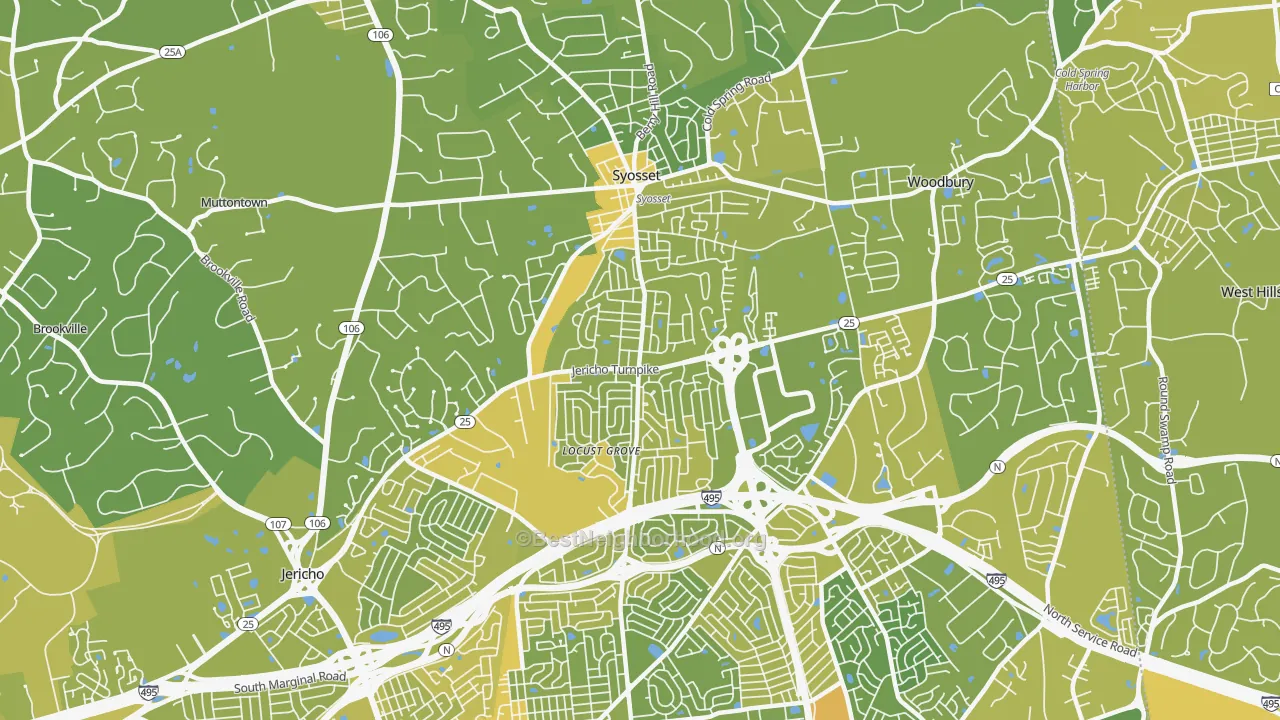 Map of the best neighborhoods in the Syosset area, with better matches in green and worse matches in red