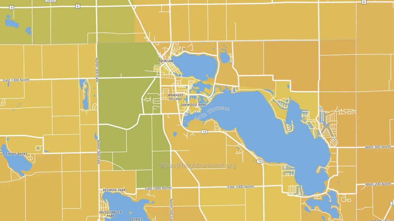 Map of the best neighborhoods in the Syracuse area, with better matches in green and worse matches in red