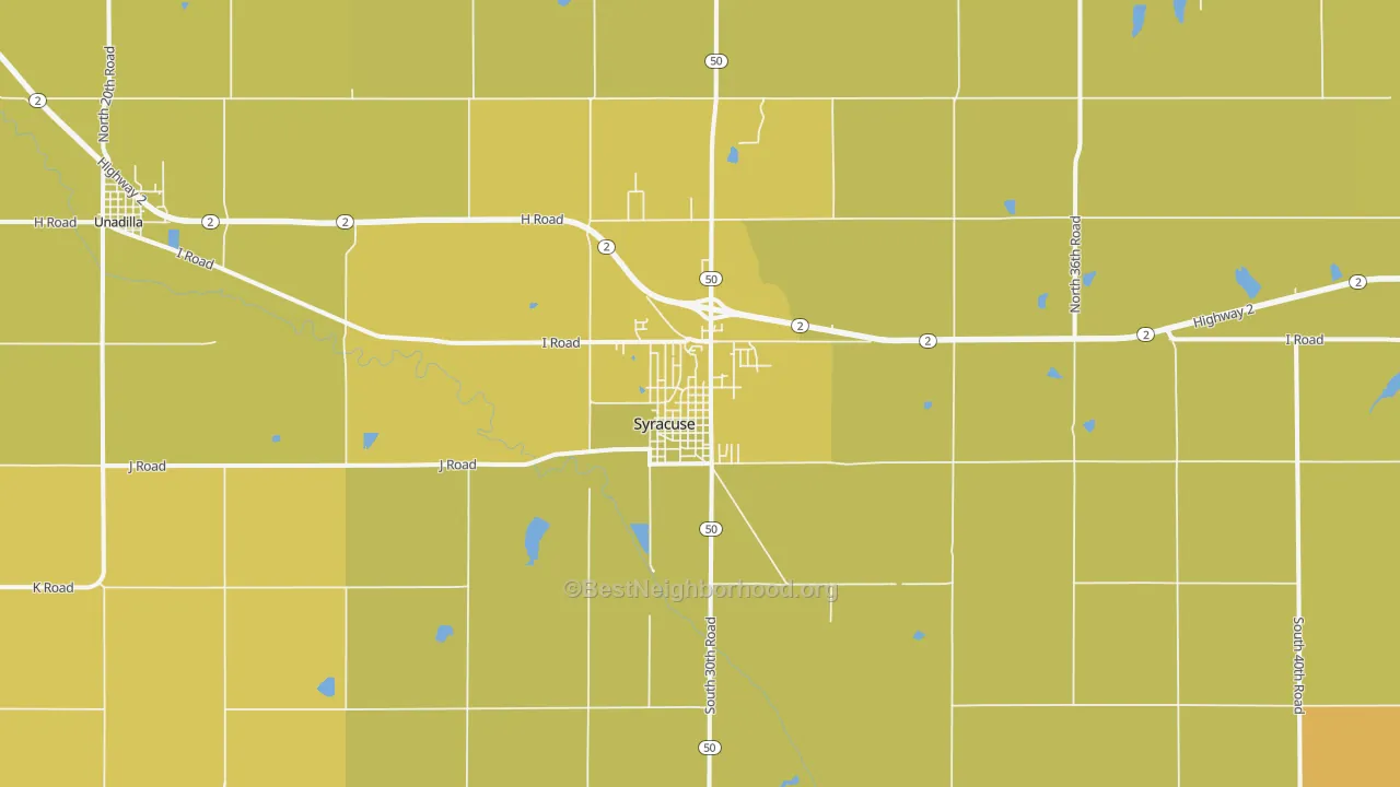 Map of the best neighborhoods in the Syracuse area, with better matches in green and worse matches in red