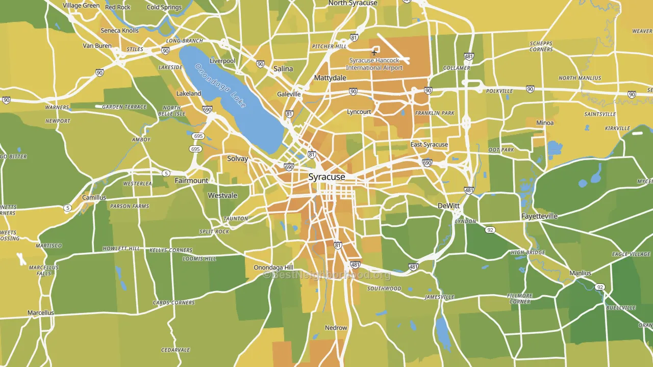 Map of the best neighborhoods in the Syracuse Metro area, with better matches in green and worse matches in red