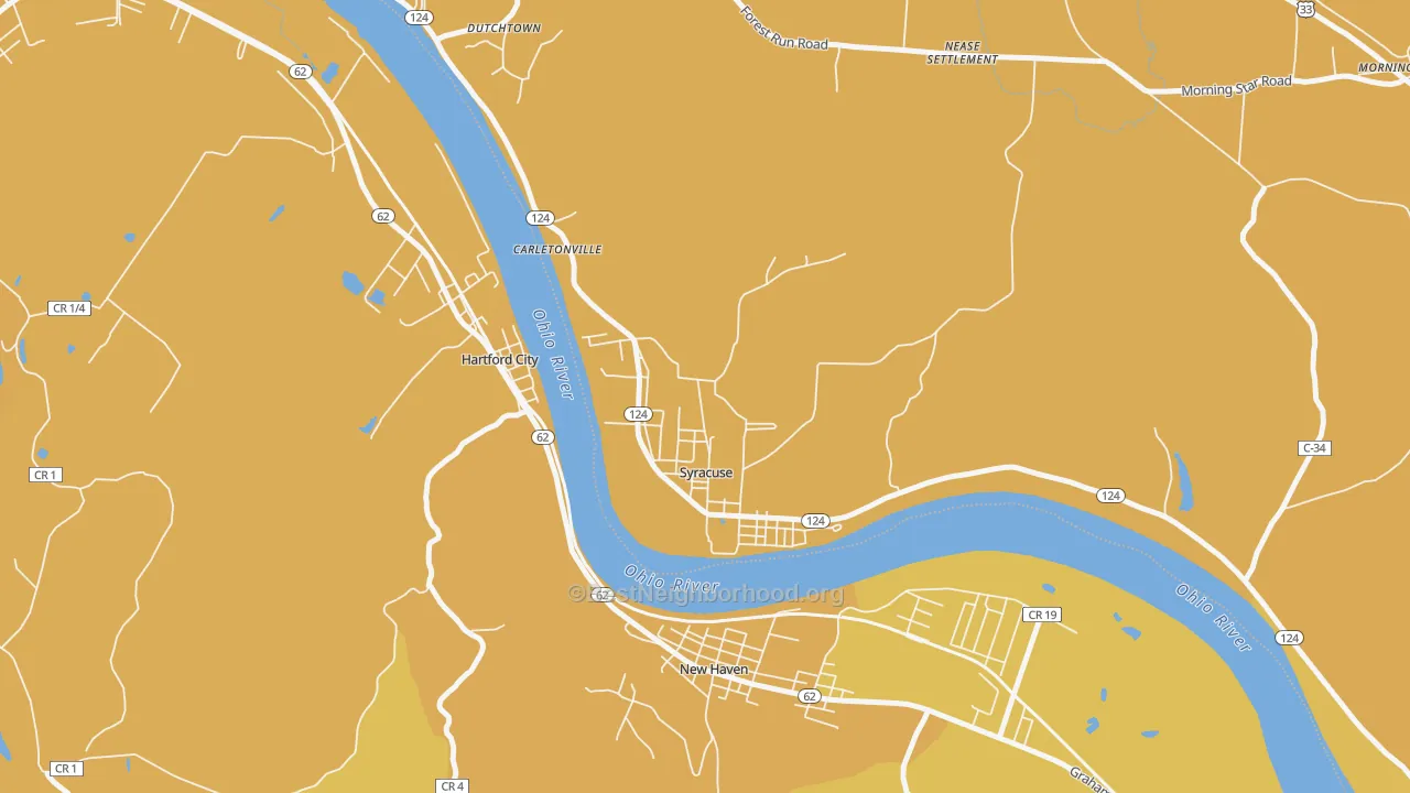 Map of the best neighborhoods in the Syracuse area, with better matches in green and worse matches in red