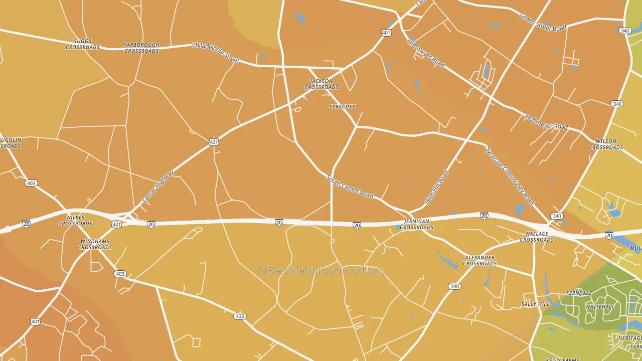 Map of the best neighborhoods in the Syracuse area, with better matches in green and worse matches in red