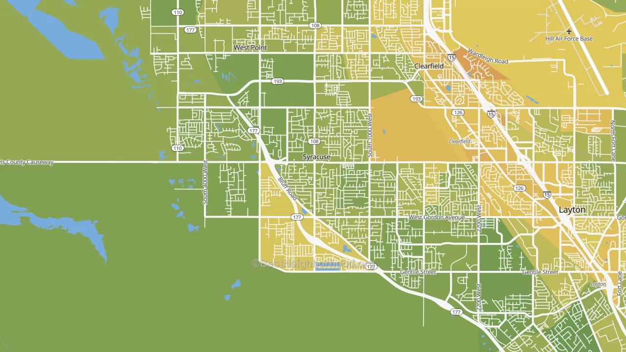 Map of the best neighborhoods in the Syracuse area, with better matches in green and worse matches in red