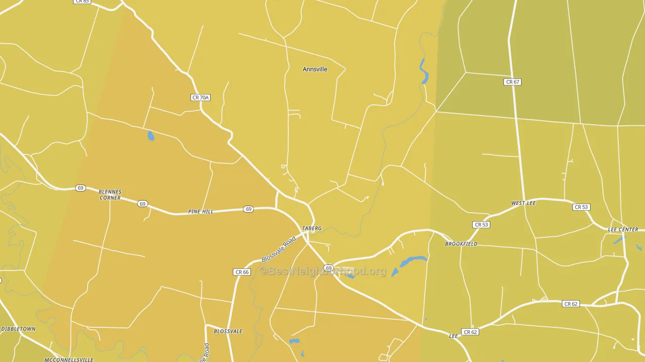Map of the best neighborhoods in the Taberg area, with better matches in green and worse matches in red