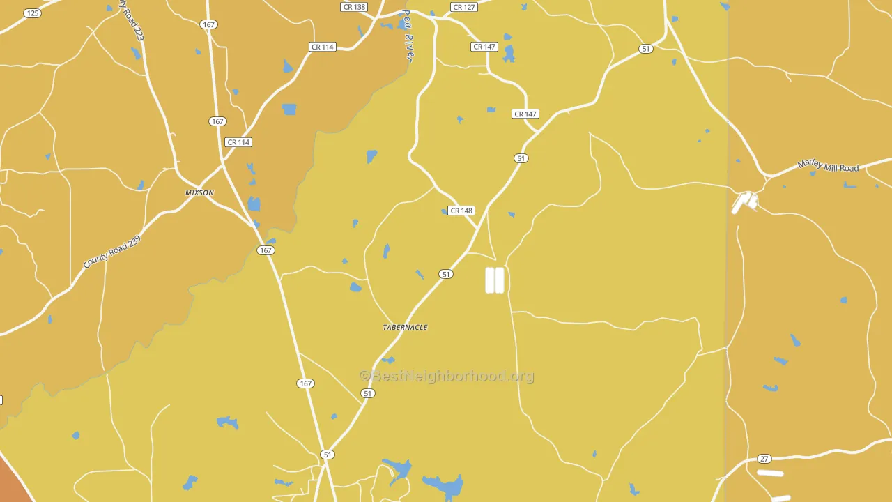 Map of the best neighborhoods in the Tabernacle area, with better matches in green and worse matches in red
