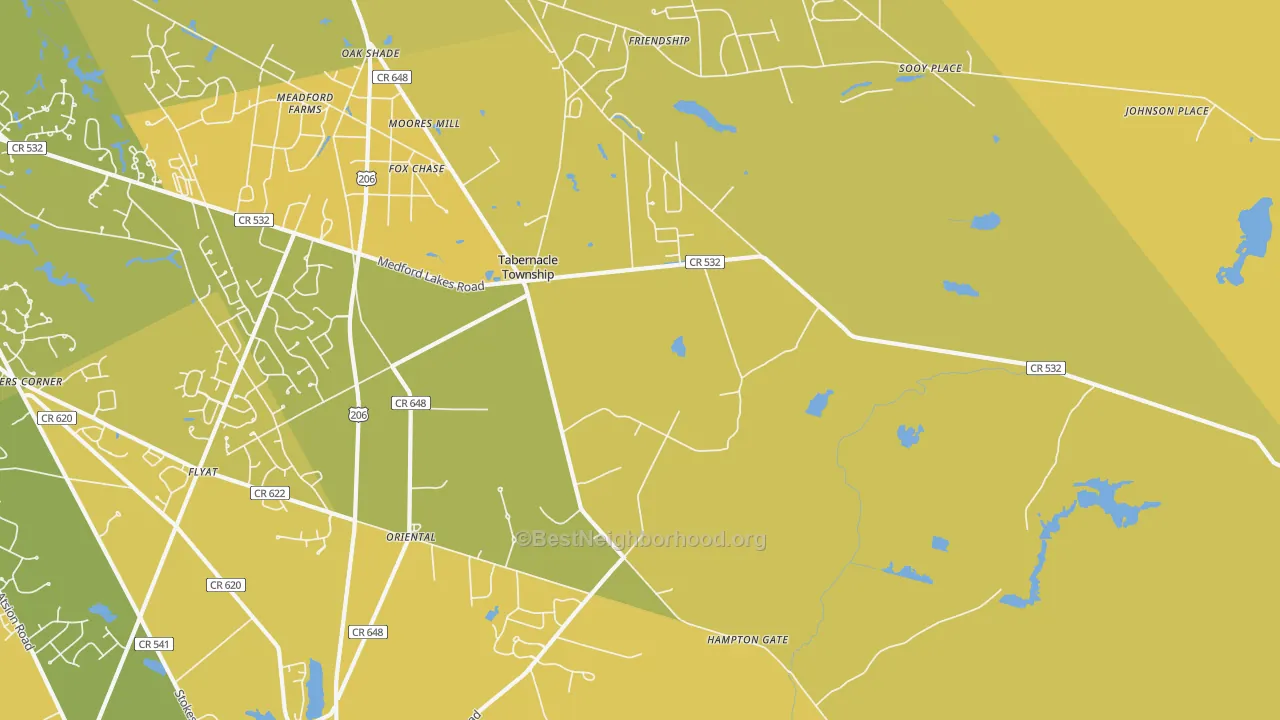 Map of the best neighborhoods in the Tabernacle area, with better matches in green and worse matches in red